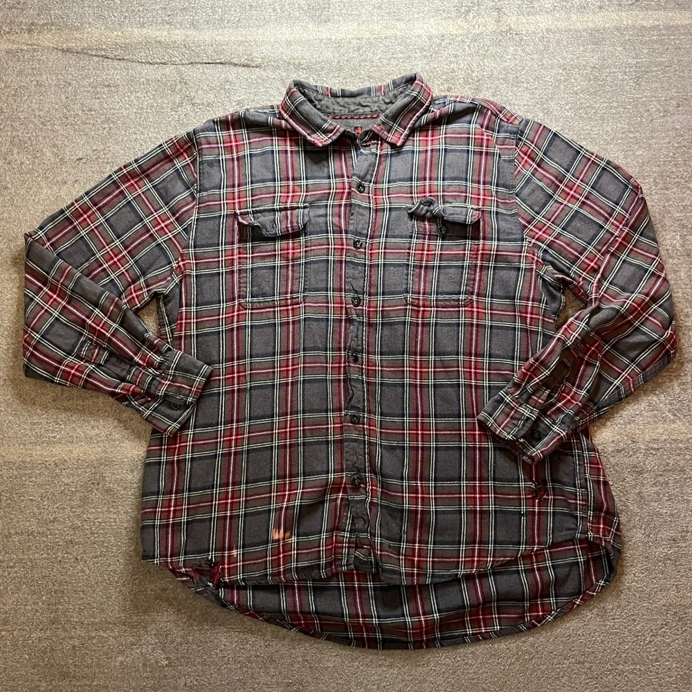 Woolrich Mens Grey Red Plaid Flannel Shirt Heavily Distressed Grunge ThrashedXL